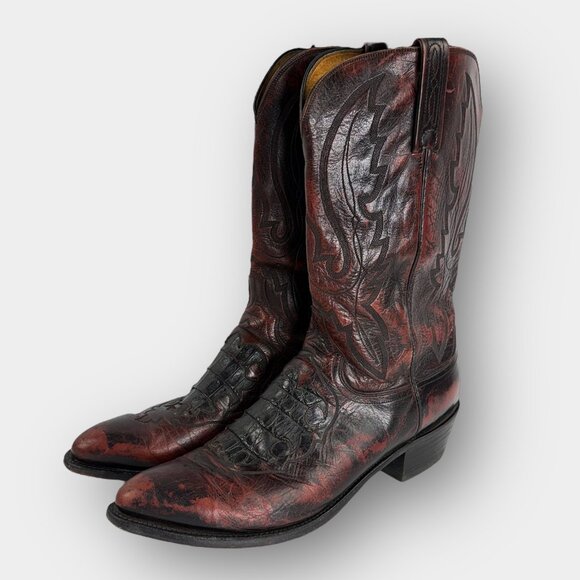 Lucchese 1883 Men’s 13D Black Cherry Leather Boots Exotic Vamp Stitched Shafts - Picture 1 of 16